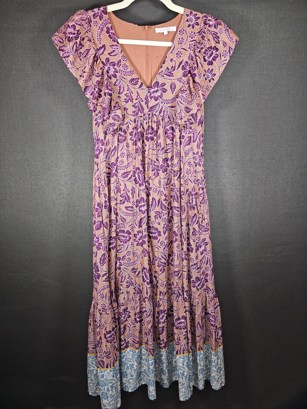 Olivaceous Pink Maxi Dress with Purple Floral Print and Blue Hem